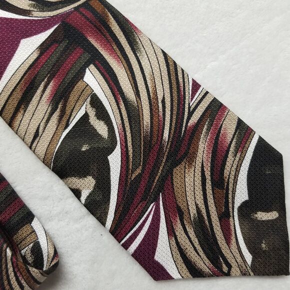 Cezani Mens Tie Necktie Imported Silk Abstract Swirl Burgundy Beige - Picture 2 of 8